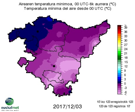 Tenperatura minimoen mapa igandean 2017-12-03. Gipuzkoa osoa izoztzpean.