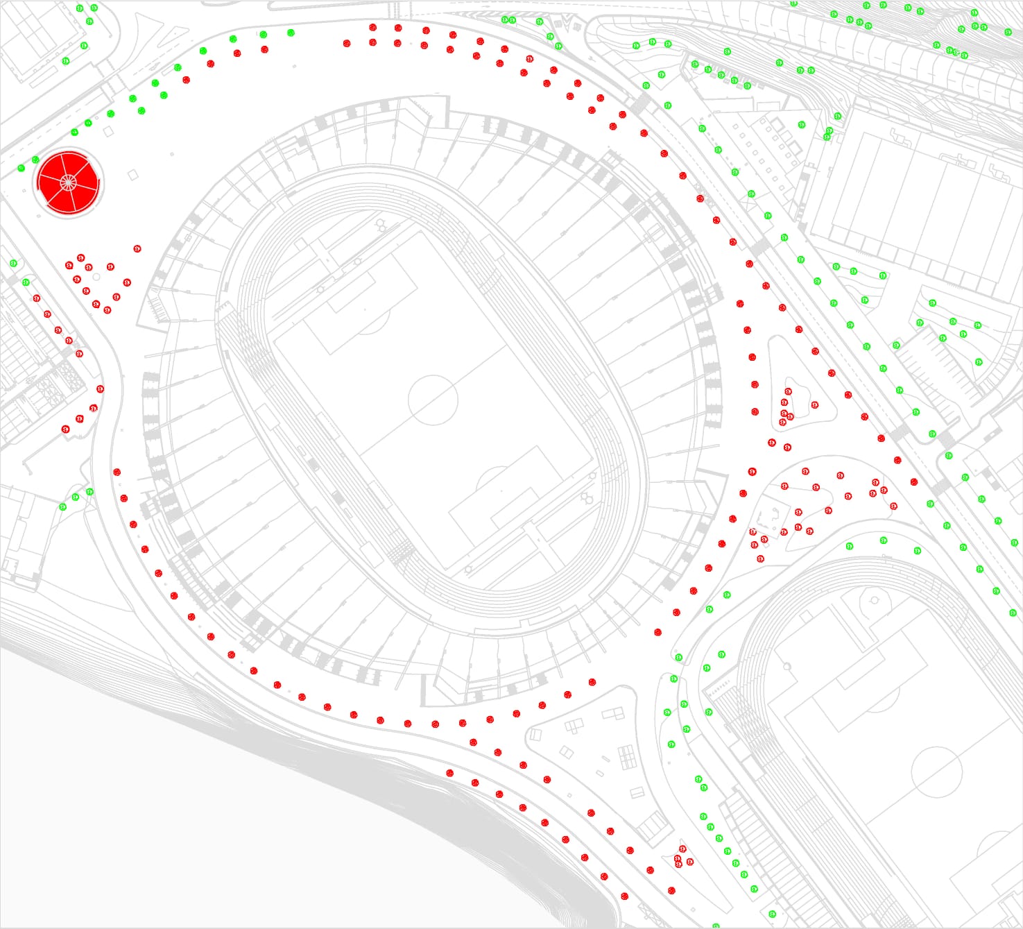 Los puntos rojos sobre el plano representan a los árboles que fueron eliminados con ocasión de la ampliación del estadio.